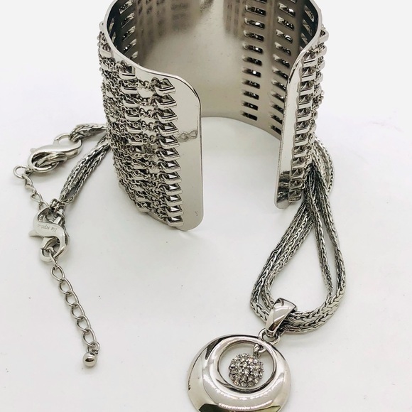 Vintage Silver Modernist Cuff Bracelet & Rhinestone Pendant necklace - Picture 5 of 13